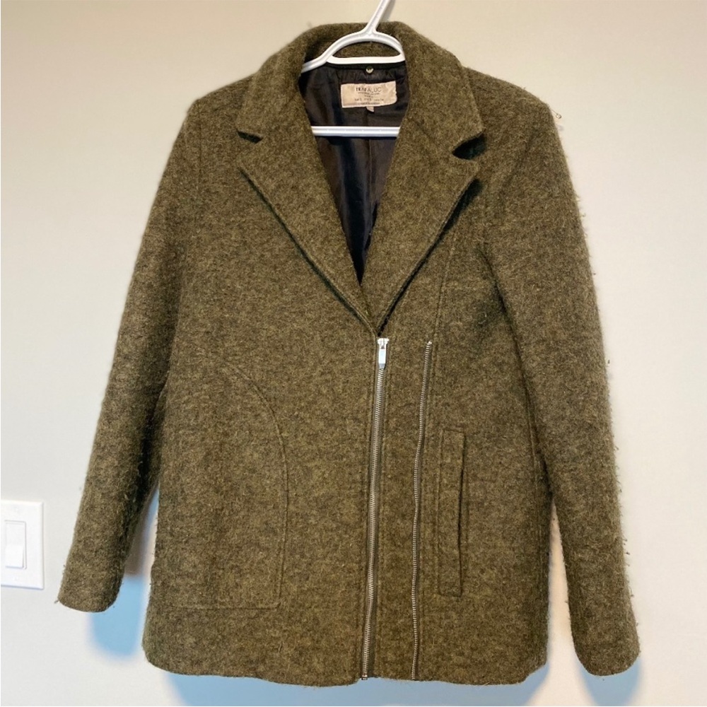 Wool Blend Zara Green Asymmetrical Zipper Moto Jacket